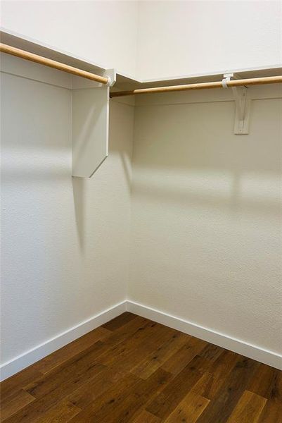 Spacious master closet featuring dark wood-type flooring