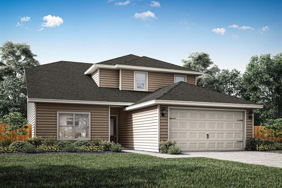 View of front of property featuring a garage and a front yard