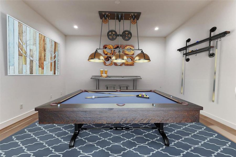 This rendering showcases a stylish game room featuring a pool table with overhead lighting, a decorative wall piece, and a patterned rug, creating an inviting space for entertainment.