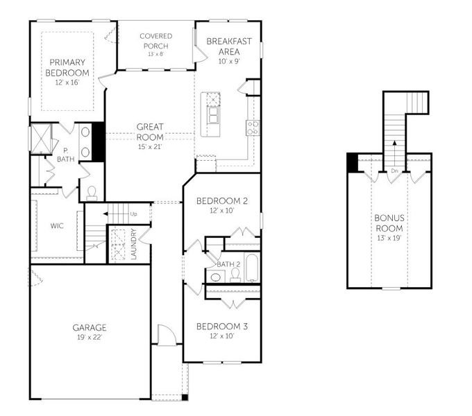 2D floor plan layout for the Wilson + Bonus Room - Single Family Homes by Dream Finders Homes in Tidewater at Lakes of Cane Bay, Summerville, SC (Image 3).