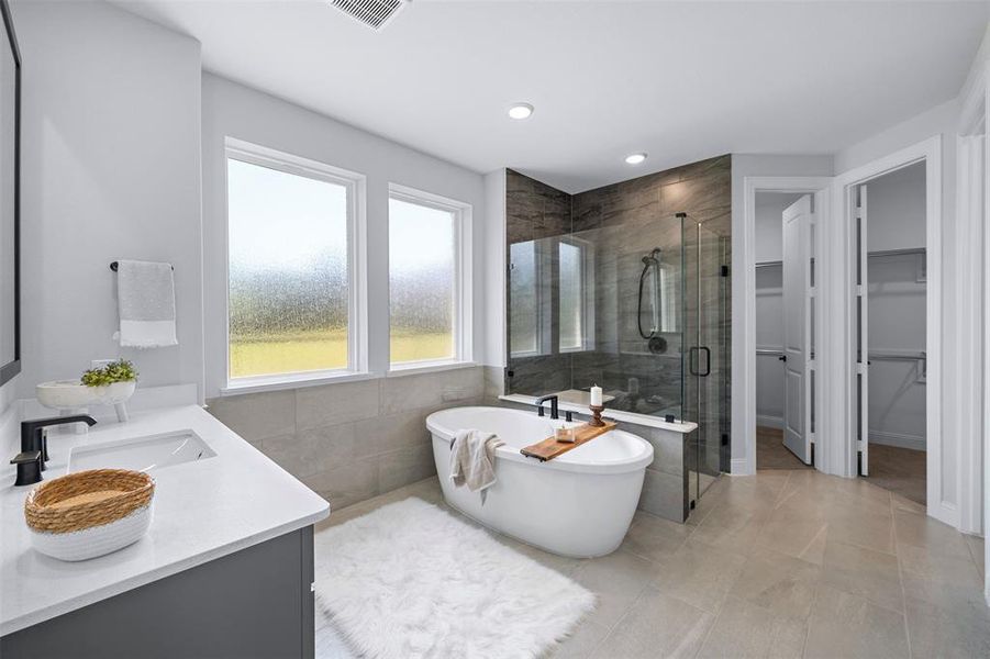 Bathroom with a shower stall, a walk in closet, vanity, a freestanding bath, and tile walls