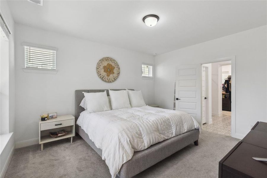 Bedroom featuring a walk in closet, carpet, a closet, and baseboards Bedroom featuring a walk in closet, carpet, a closet, and baseboards