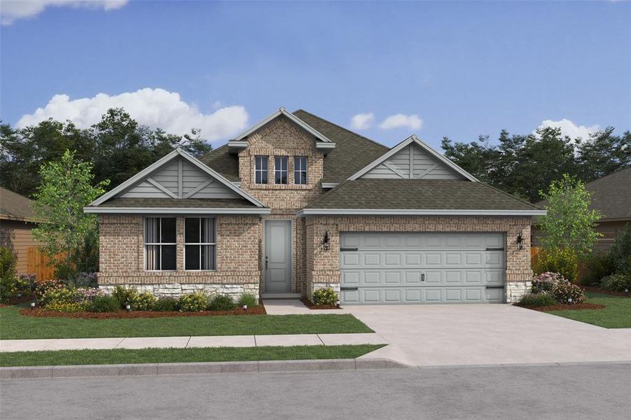 Front exterior of a new home in Timberbrook, Justin, TX, highlighting curb appeal (Image 1). Front exterior of a new home in Timberbrook, Justin, TX, highlighting curb appeal (Image 1).