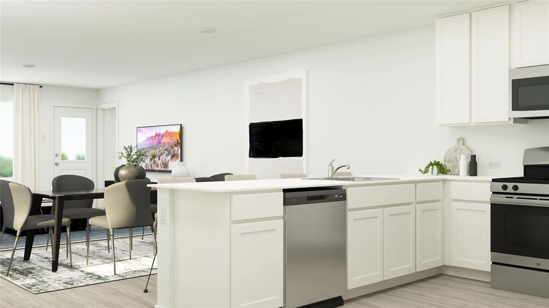 Kitchen with sink, light wood-type flooring, white cabinetry, kitchen peninsula, and stainless steel appliances