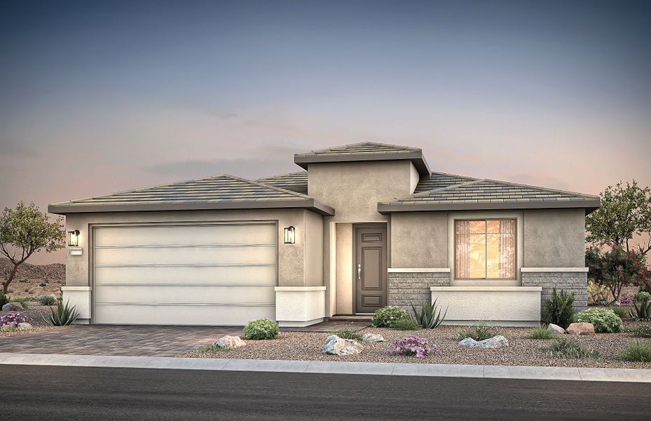 Front exterior of a new home in Sun City Anthem at Merrill Ranch, Florence, AZ, highlighting curb appeal (Image 1). Front exterior of a new home in Sun City Anthem at Merrill Ranch, Florence, AZ, highlighting curb appeal (Image 1).