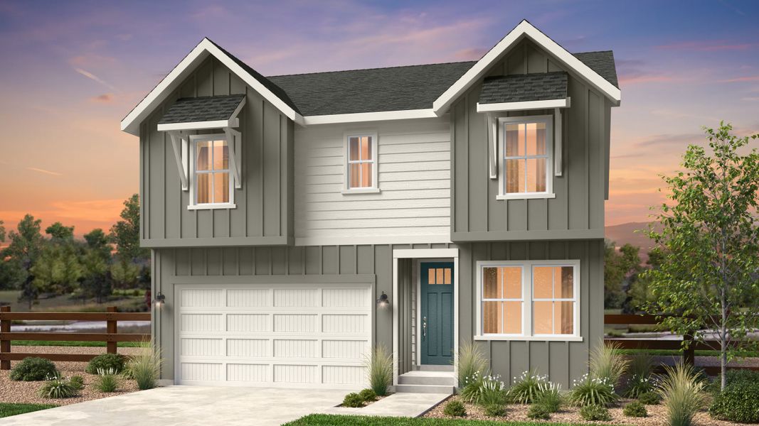 Front exterior of a new home in Trailstone, Arvada, CO, highlighting curb appeal (Image 1). Front exterior of a new home in Trailstone, Arvada, CO, highlighting curb appeal (Image 1).