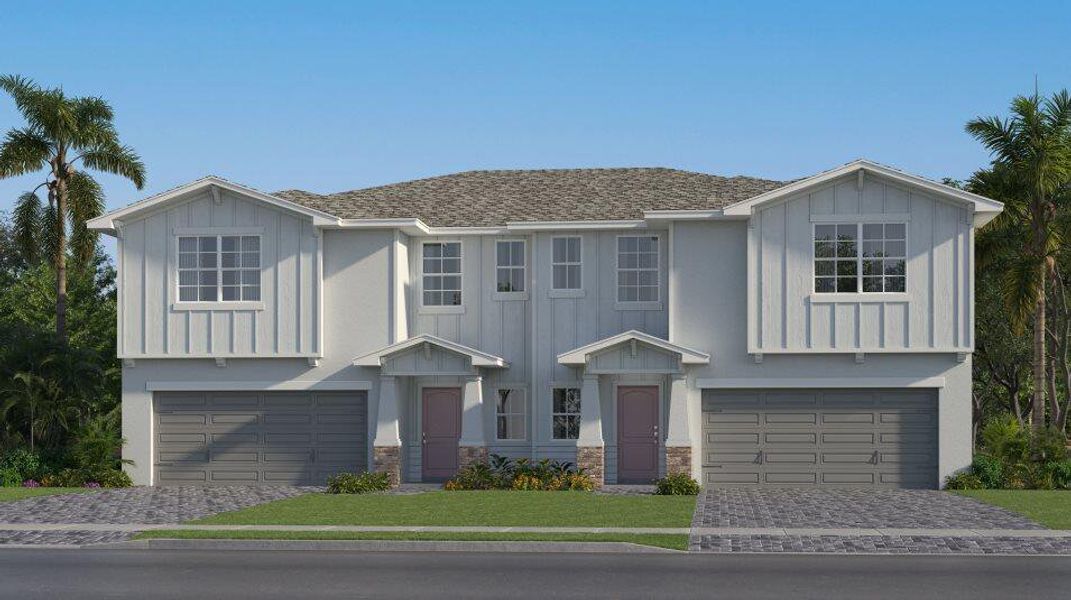 Front exterior of a new home in Arden: The Twin Homes Collection, Loxahatchee, FL, highlighting curb appeal (Image 1).