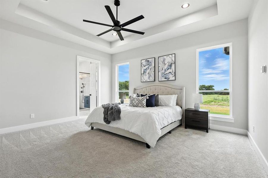 Bedroom with a raised ceiling, light colored carpet, multiple windows, and recessed lighting Bedroom with a raised ceiling, light colored carpet, multiple windows, and recessed lighting