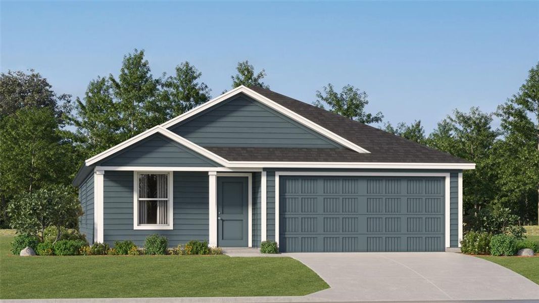 View of front facade featuring a garage and a front lawn