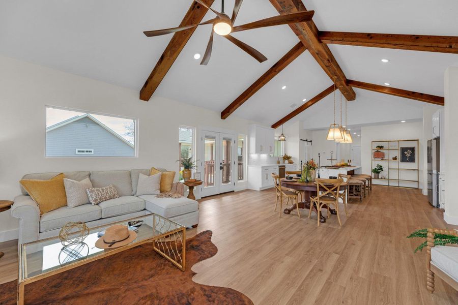 Vaulted ceilings and reclaimed cedar from the original house beams.