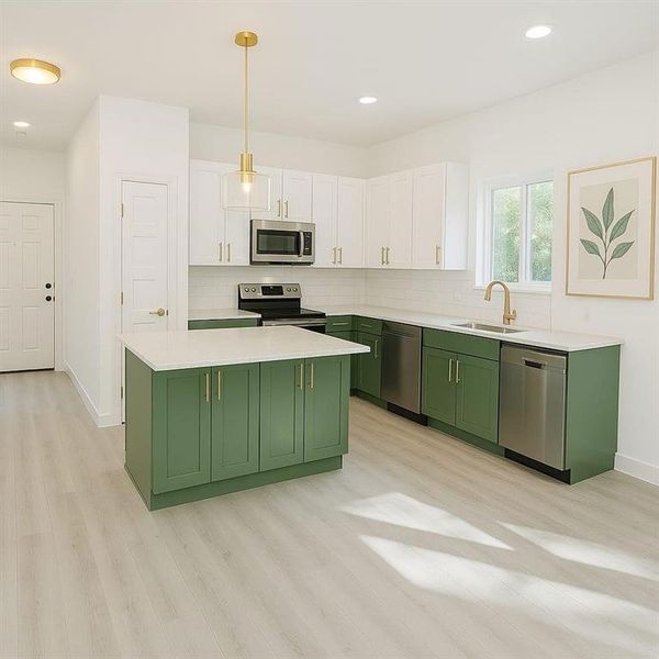 Kitchen featuring green cabinetry, white cabinets, backsplash, and recessed lighting Kitchen featuring green cabinetry, white cabinets, backsplash, and recessed lighting