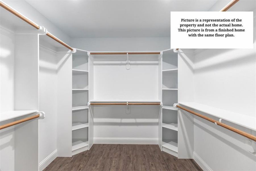 Walk-in closet featuring wood-finish flooring, white built-in shelving, and natural wood hanging rods