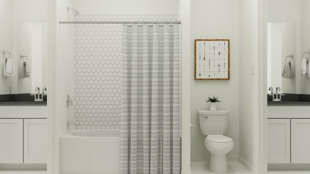 Full bathroom featuring shower / bath combo, vanity, and toilet