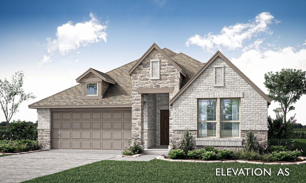 Single-story home with stone and brick exterior, two-car garage, and pitched roof with dormers Single-story home with stone and brick exterior, two-car garage, and pitched roof with dormers