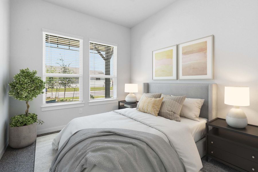 Sun-filled windows illuminate a serene bedroom, creating a peaceful retreat.