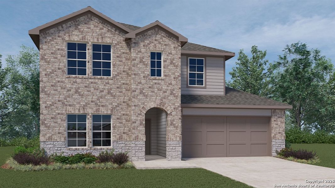 Front exterior of a new home in Brookstone Creek, San Antonio, TX, highlighting curb appeal (Image 1). Front exterior of a new home in Brookstone Creek, San Antonio, TX, highlighting curb appeal (Image 1).