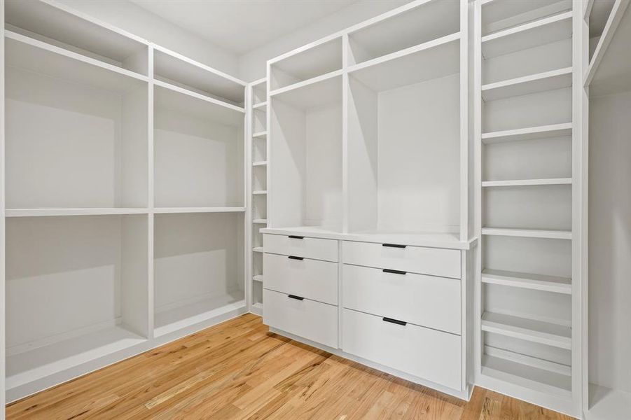 Spacious closet featuring light hardwood / wood-style flooring