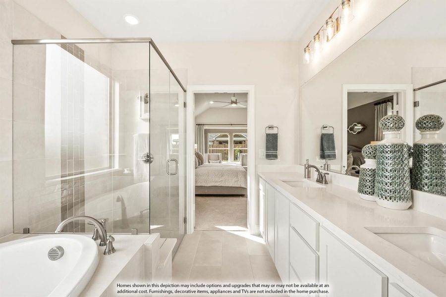 Master bathroom with glass walk-in shower, soaking tub, dual sink vanity, and view into bedroom