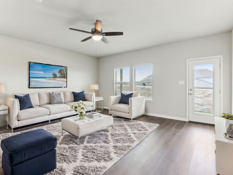 Virtually staged living room in the Matador floorplan at a Meritage Homes community.