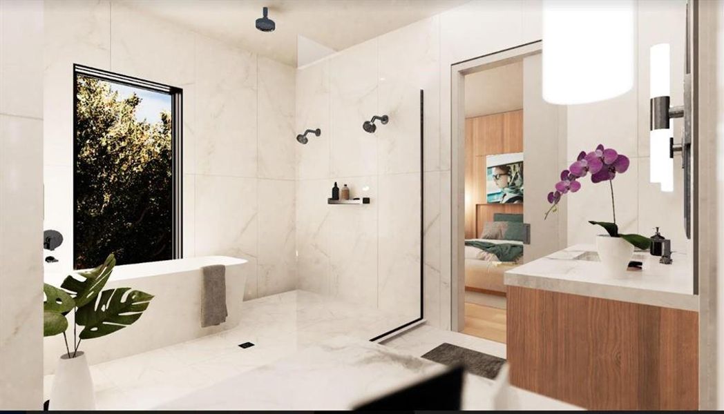 Full bathroom featuring a soaking tub and walk in shower