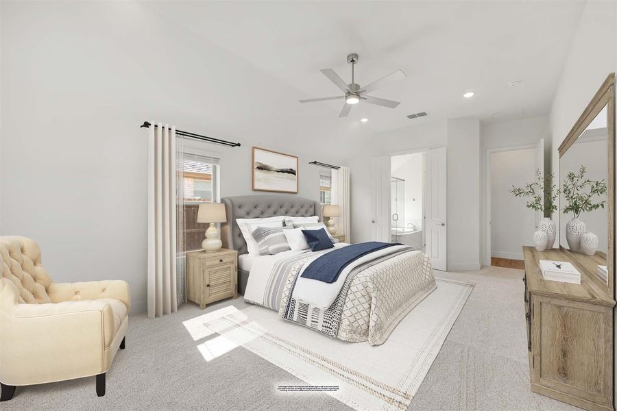 Spacious master bedroom with vaulted ceiling, ceiling fan, carpet flooring, and ensuite bathroom access Spacious master bedroom with vaulted ceiling, ceiling fan, carpet flooring, and ensuite bathroom access