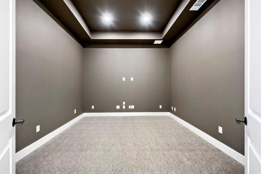 Dedicated room featuring recessed lighting, a tray ceiling, dark gray walls, white baseboards, and light gray patterned carpeting Dedicated room featuring recessed lighting, a tray ceiling, dark gray walls, white baseboards, and light gray patterned carpeting