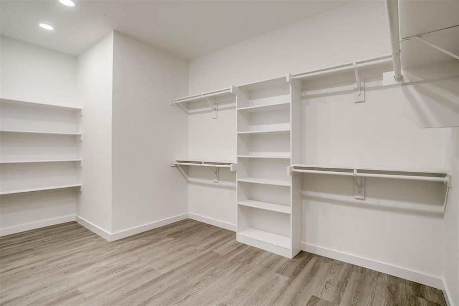 Walk in closet with hardwood / wood-style floors