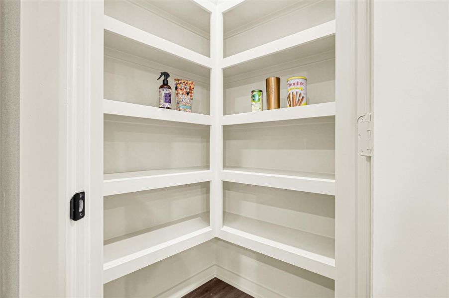 Large pantry with built-in shelving for organized storage. Large pantry with built-in shelving for organized storage.