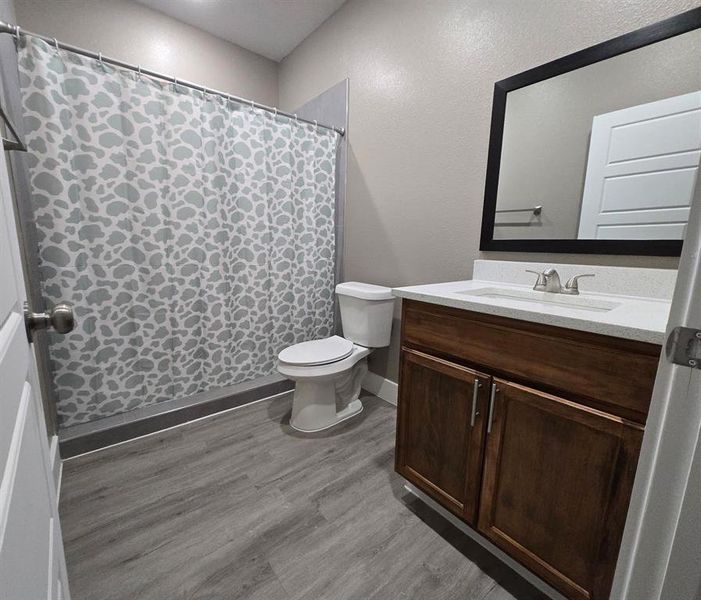 Bathroom featuring vanity, wood finished floors, toilet, baseboards, and a shower with curtain Bathroom featuring vanity, wood finished floors, toilet, baseboards, and a shower with curtain