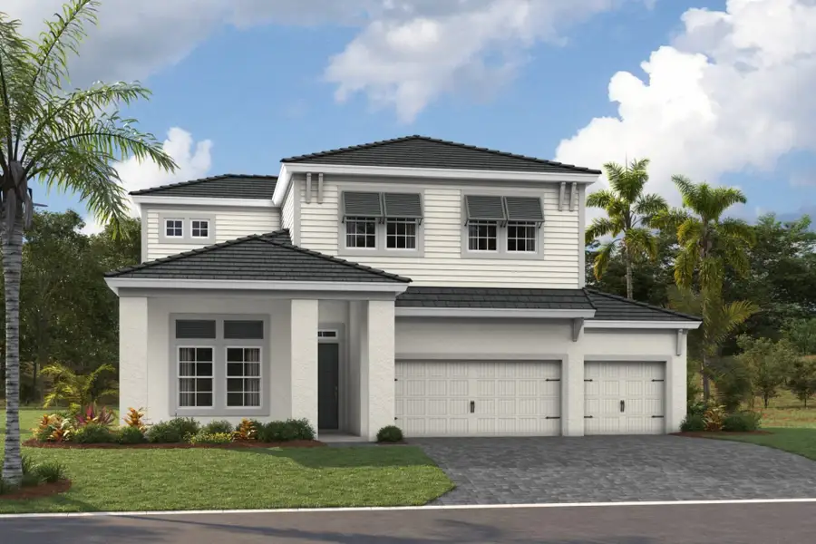 Representative exterior photo of a completed home built from the Longboat II by Homes by WestBay in Longleaf at Grand Park, Sarasota, FL (Image 5). Representative exterior photo of a completed home built from the Longboat II by Homes by WestBay in Longleaf at Grand Park, Sarasota, FL (Image 5).