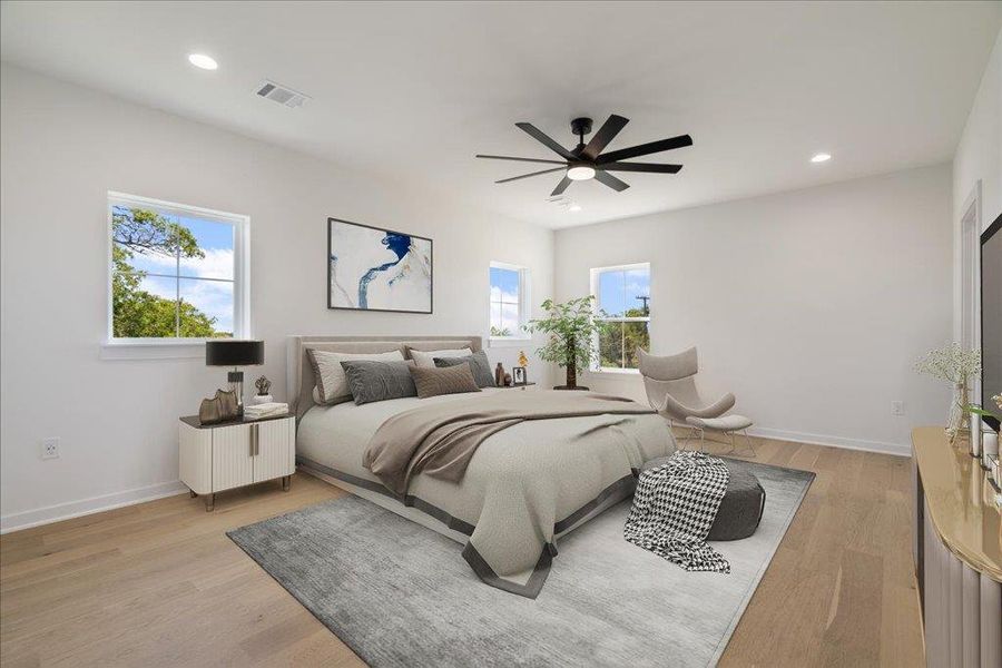 Bedroom with recessed lighting, light wood-type flooring, and ceiling fan