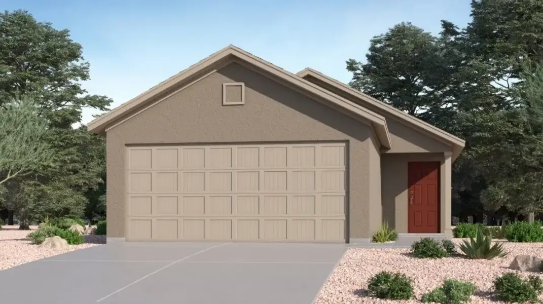 Front exterior of a new home in Red Rock Village, Red Rock, AZ, highlighting curb appeal (Image 1). Front exterior of a new home in Red Rock Village, Red Rock, AZ, highlighting curb appeal (Image 1).