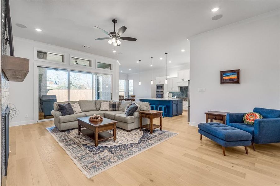 Living room featuring ceiling fan, ornamental molding, and light hardwood / wood-style flooring