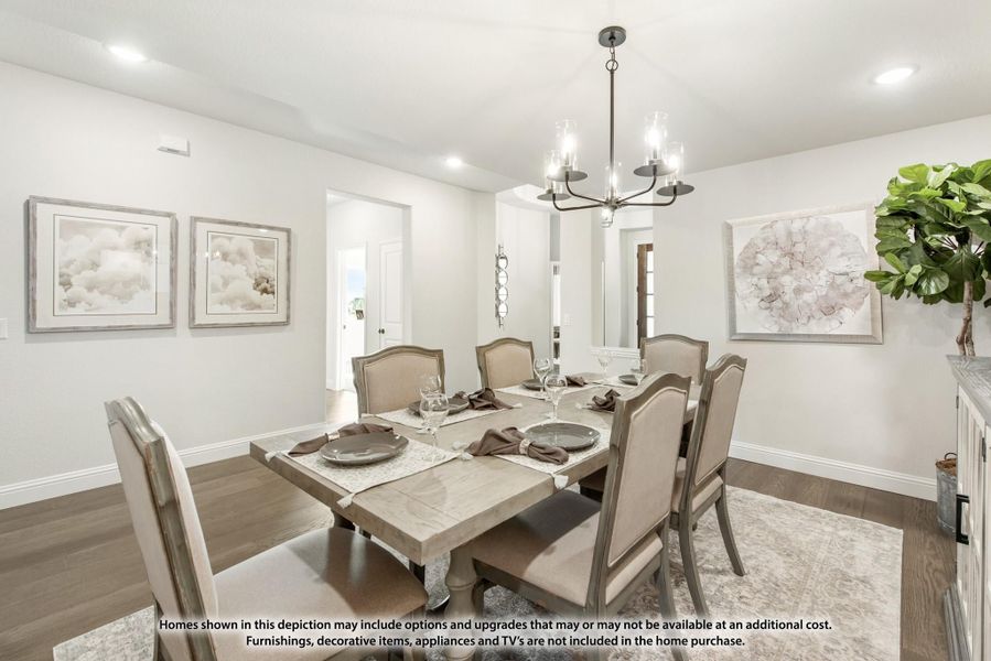 Formal dining room with six-chair table, chandelier, hardwood floors, and white walls