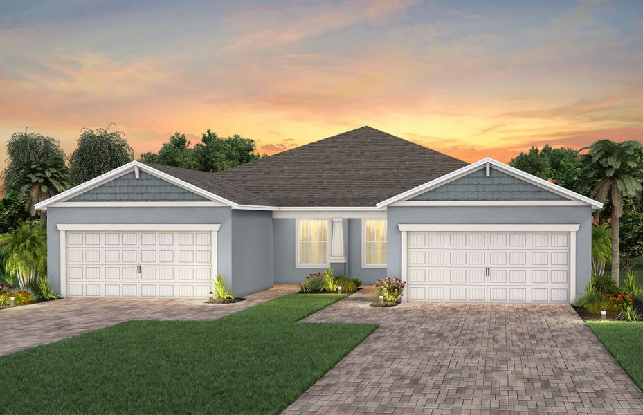 Front exterior of a new home in Del Webb Sunbridge, St. Cloud, FL, highlighting curb appeal (Image 1). Front exterior of a new home in Del Webb Sunbridge, St. Cloud, FL, highlighting curb appeal (Image 1).