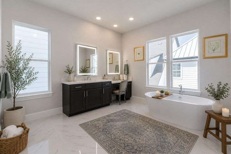 So much light in this primary bathroom! Virtual staging added. So much light in this primary bathroom! Virtual staging added.