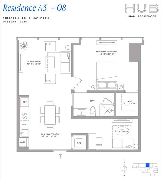 2D floor plan layout for the Residence A3 08 by The John Buck Company in HUB Miami, Miami, FL (Image 1).