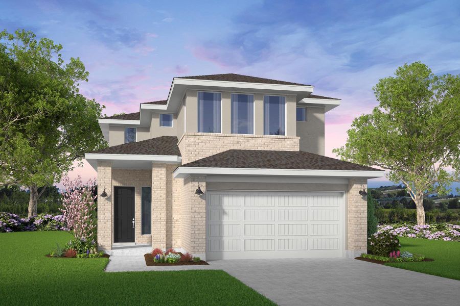 Front exterior of a new home in Elyson, Katy, TX, highlighting curb appeal (Image 1). Front exterior of a new home in Elyson, Katy, TX, highlighting curb appeal (Image 1).