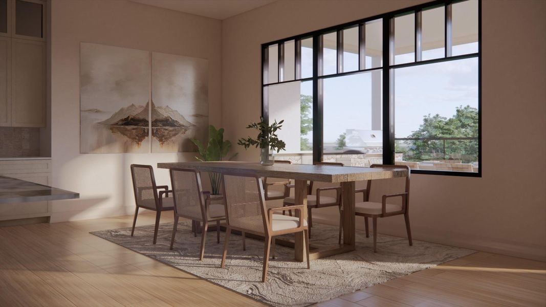 The dining room is integrated with the living areas offering both formal and informal dining over looking the covered Veranda, backyard and ravine. The dining room is integrated with the living areas offering both formal and informal dining over looking the covered Veranda, backyard and ravine.