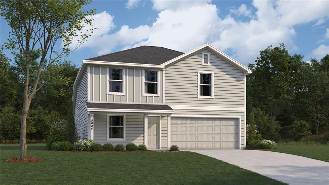 View of front of home with a front yard and a garage