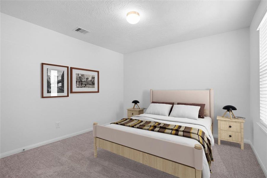 Secondary bedroom features plush carpet, neutral paint, lighting, large window with privacy blinds and ample sized closet space.