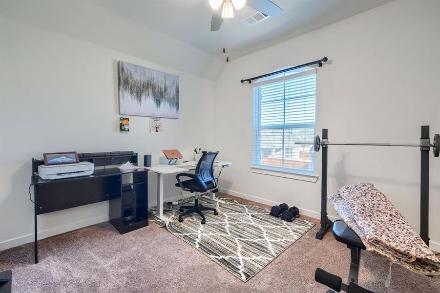 Office space with carpet flooring, ceiling fan, and vaulted ceiling