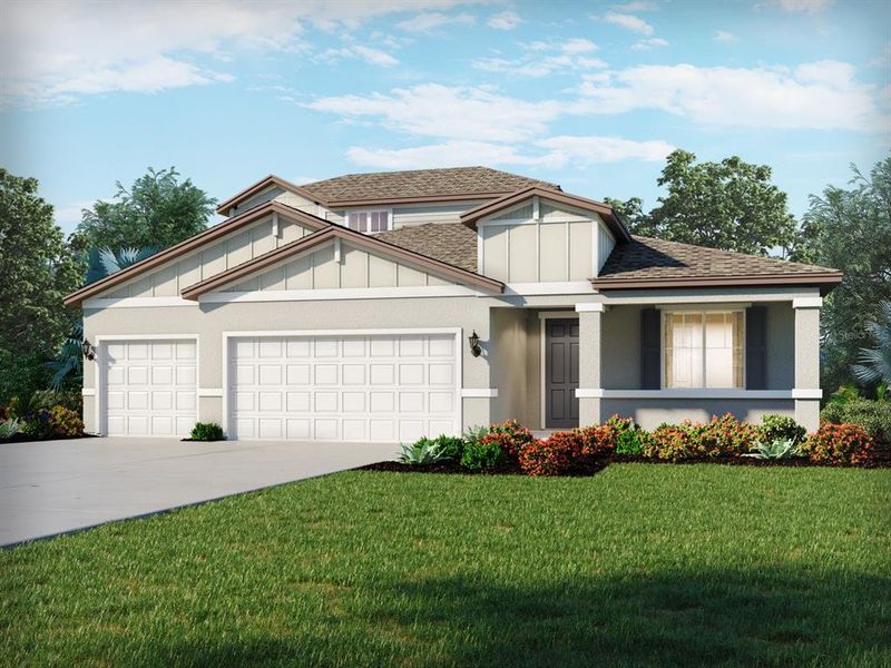 Front exterior of a new home in The Grove at Stuart Crossing - Signature Series, Bartow, FL, highlighting curb appeal (Image 1). Front exterior of a new home in The Grove at Stuart Crossing - Signature Series, Bartow, FL, highlighting curb appeal (Image 1).