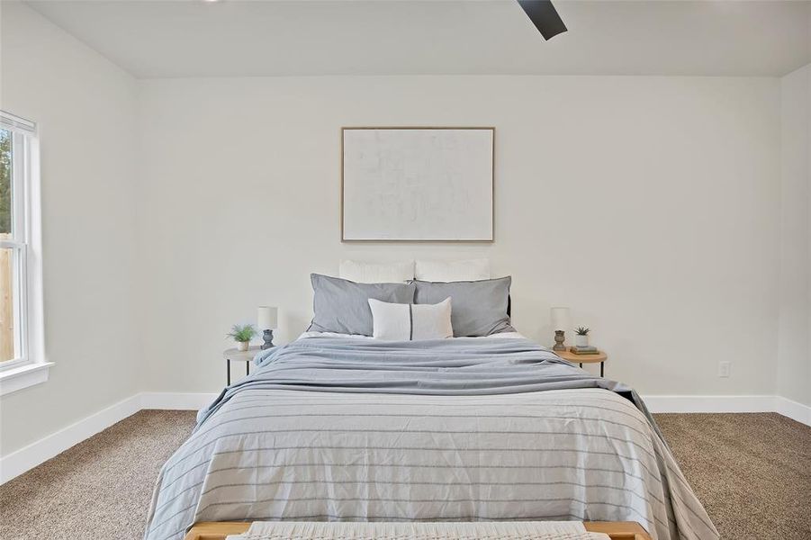 Bedroom with ceiling fan, carpet floors, and multiple windows