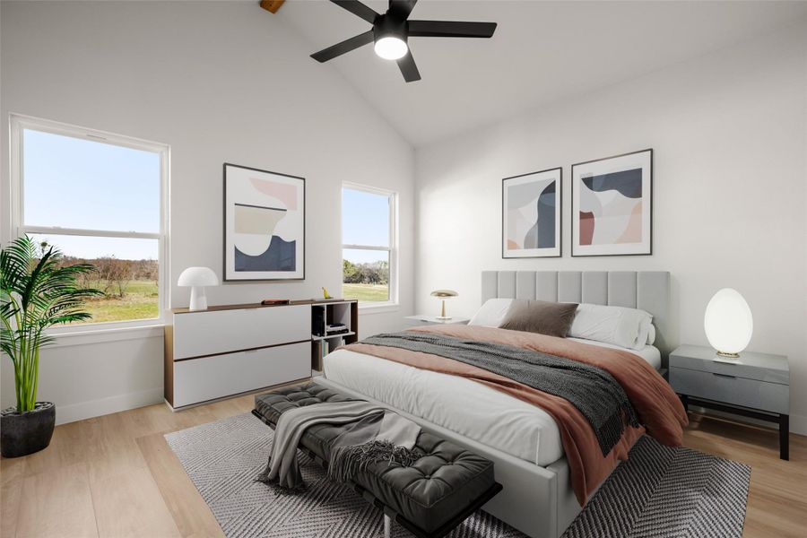 Bedroom with lofted ceiling, light wood-type flooring, and ceiling fan