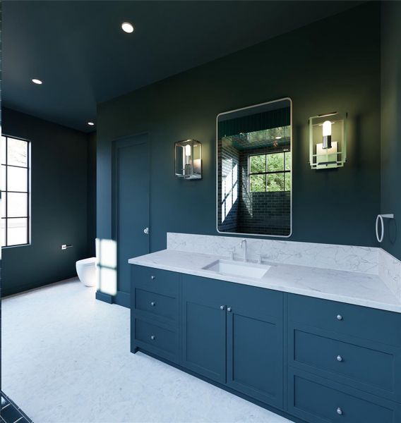 Drenched in tone and texture, this bath offers a more dramatic take on luxury. The interplay of light against high-gloss surfaces creates a dynamic environment that feels sophisticated, layered, and undeniably unique.