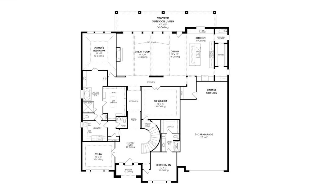 2D floor plan layout for the 7042 by Tradition Homes in Furst Ranch – 80′ Lots, Prosper, TX (Image 3).