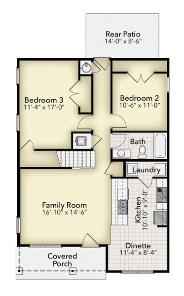 2D floor plan layout for the Plan 1645 by Adams Homes in Westpointe Place, Pensacola, FL (Image 3).