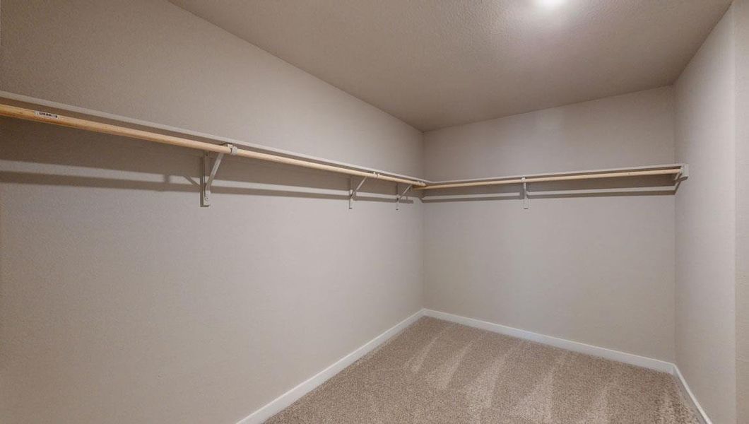 Spacious closet featuring light colored carpet