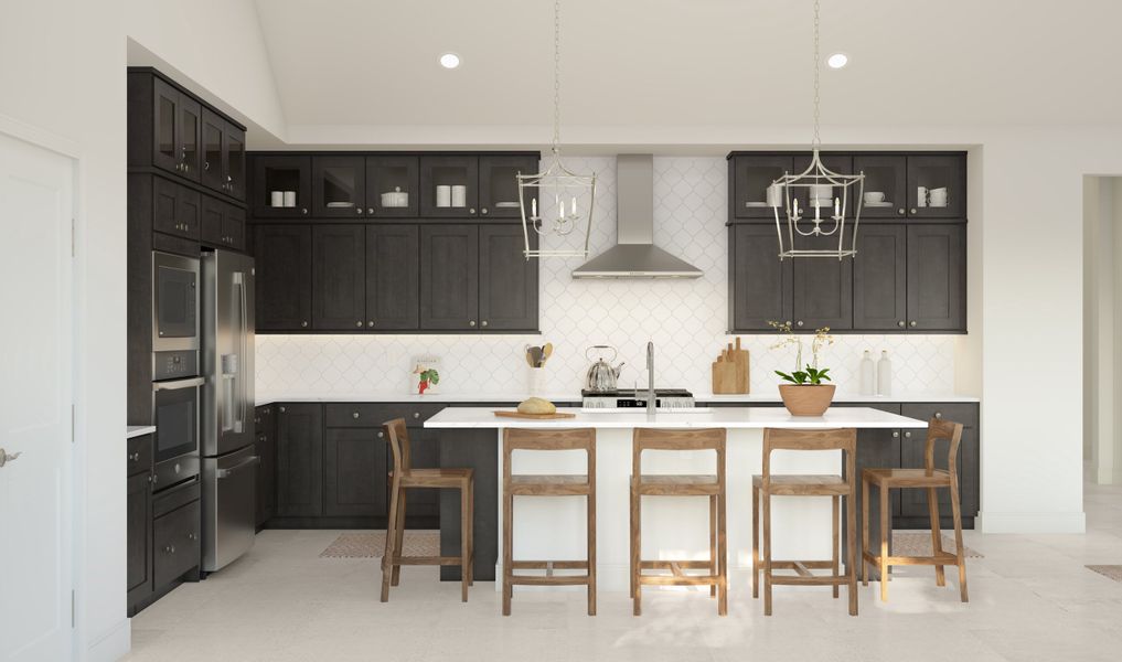 Kitchen with pendant lighting and glass upper cabinets